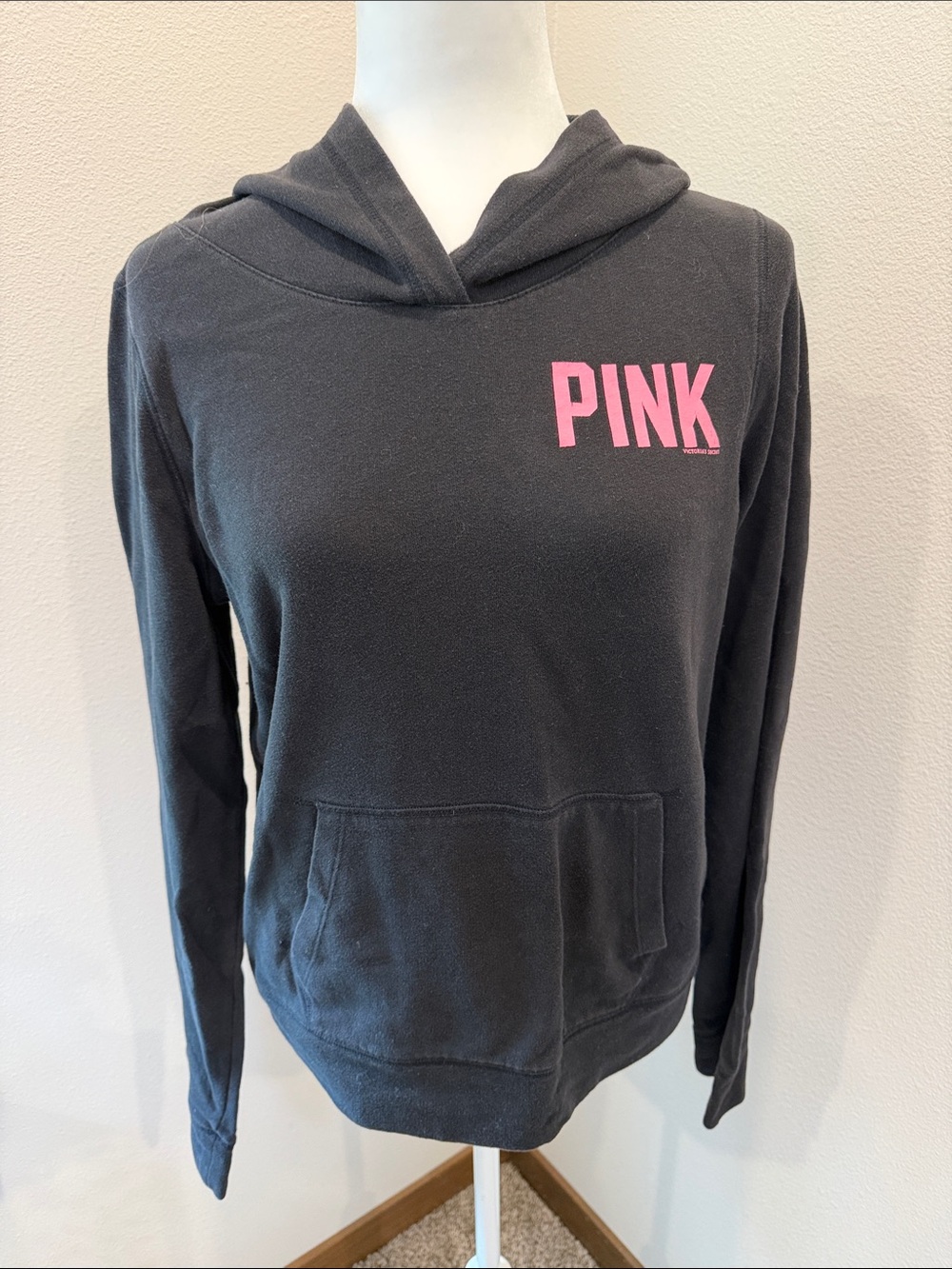 PINK Victoria's Secret Black Hooded Sweatshirt with Pink Logo Large